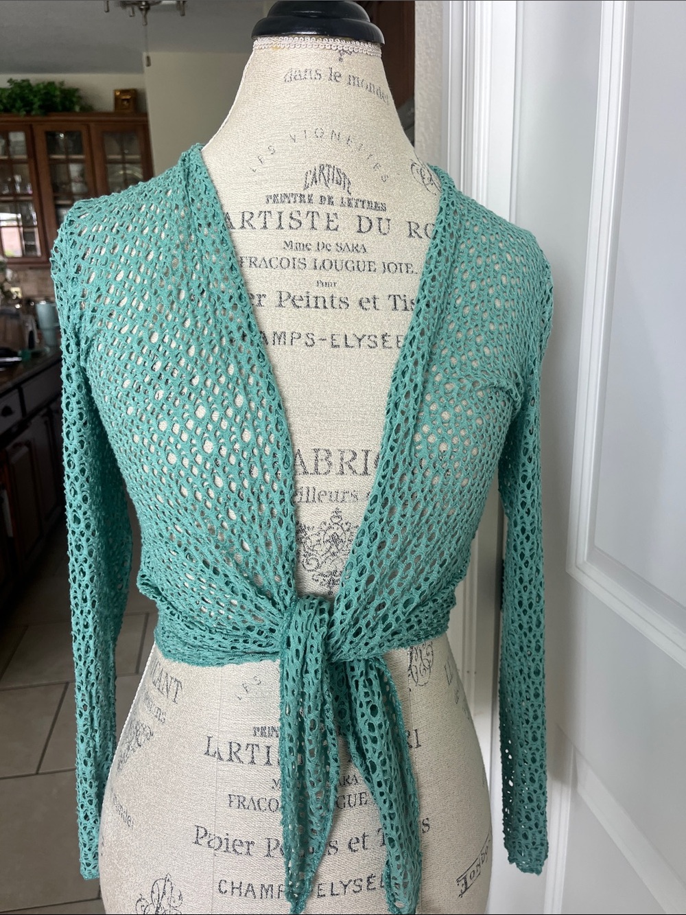 NWT Made in Italy mint green open knit long sleeve tie front cardigan S/M
